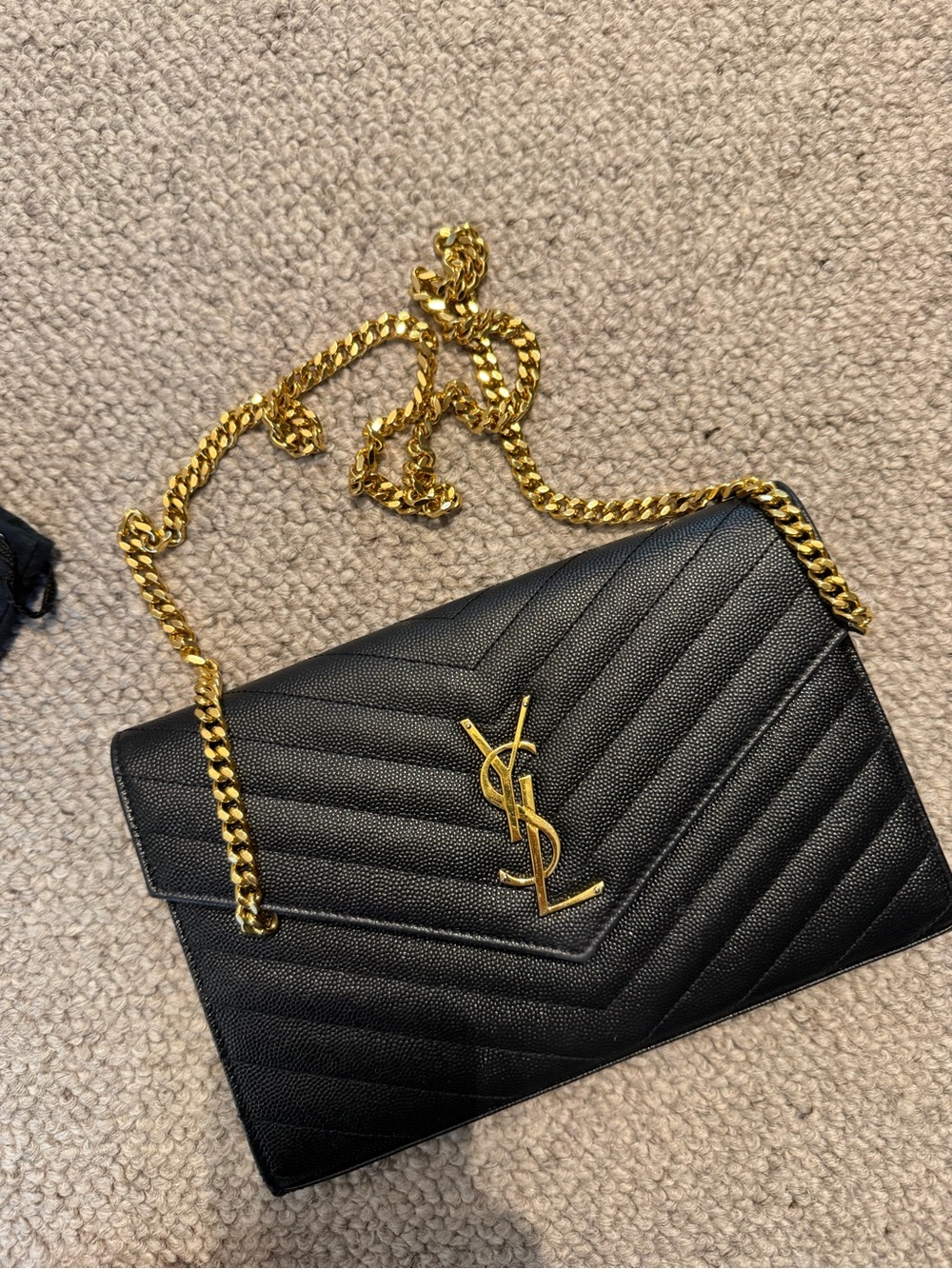 Saint Laurent Black Quilted Chevron Crossbody with Gold Chain
